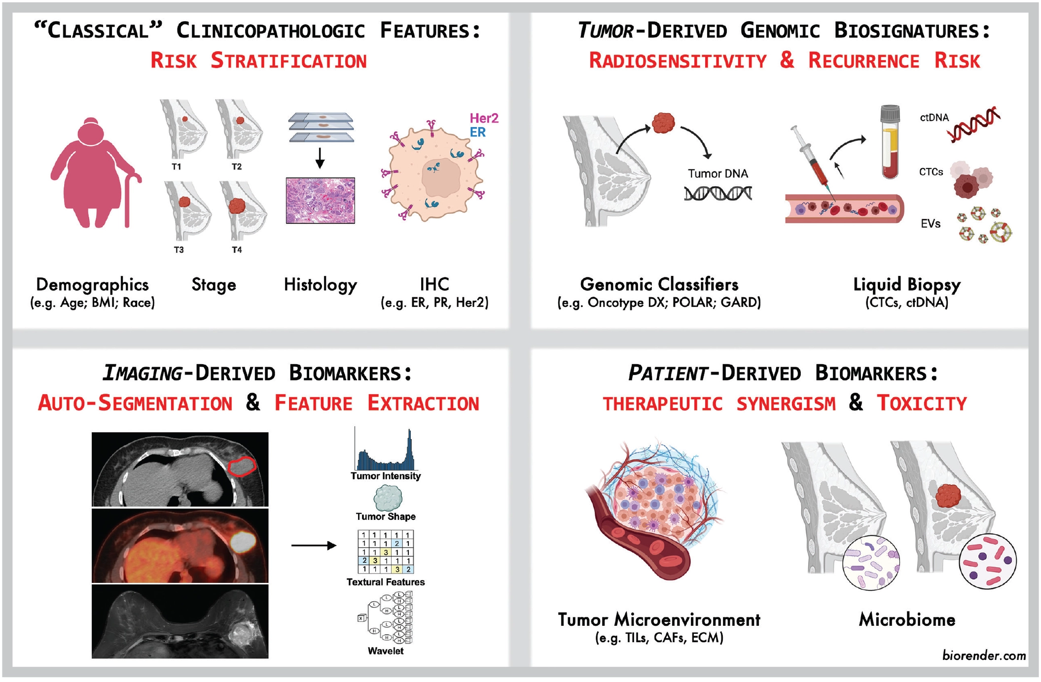 Figure 1: Breast biomarkers derived from genomic classifiers, circulating tumor material, quantitative imaging, tumor microenvironment and microbiome continue to evolve.