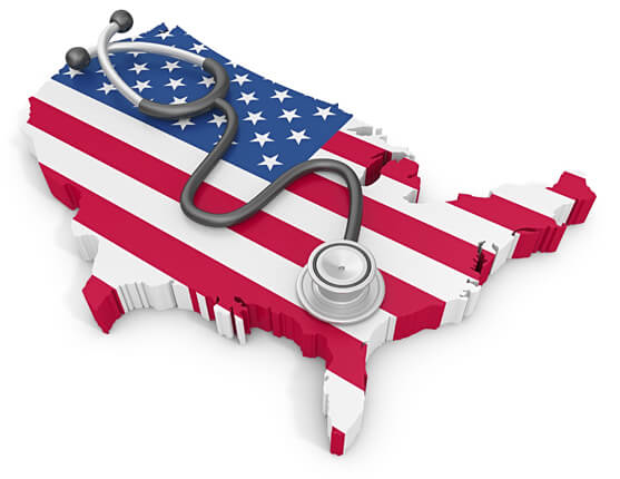 Image: Map of the U.S. with U.S. flag as background and stethoscope laying across it